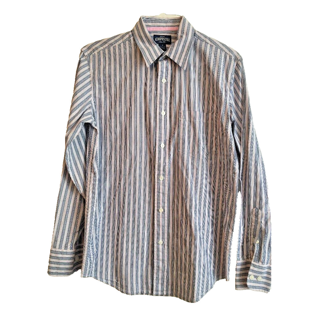 Small Aeropostale Men's Button Up Shirt Slim Fit Blue Pink Striped 100% Cotton